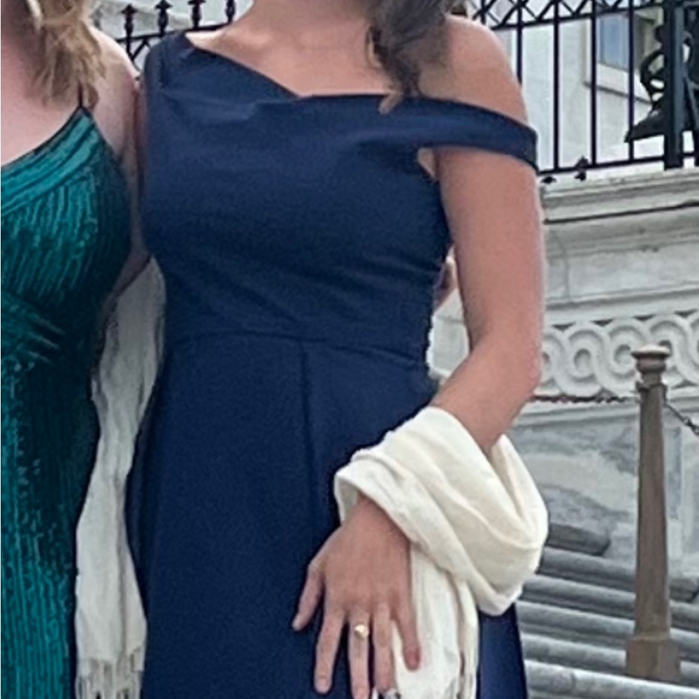 Black Halo Mini Navy Off-Shoulder Cowl Dress